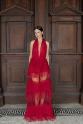 Minka Mesh Ruffle Halter Maxi Dress - Red